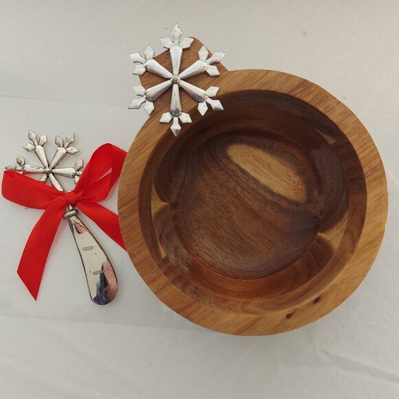 Acacia Wooden Dipping Bowl w Spreader Christmas Winter Set *NEW Open Box - Picture 4 of 10